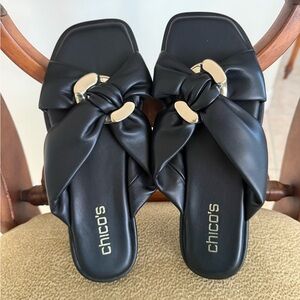 NEW With Tag. Chico's Black Knotted Slide Sandals with Gold Hardware